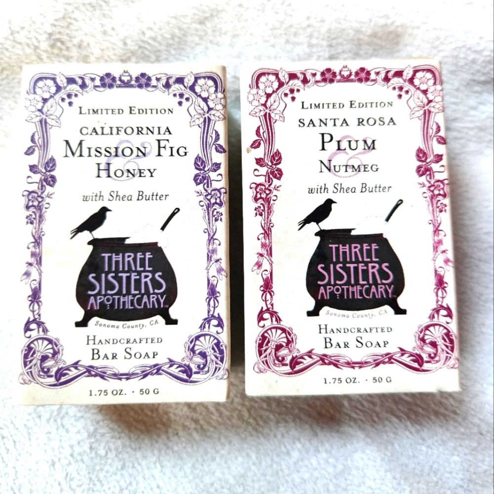 Two soaps by Three Sisters Apothecary. Mission Fig & Honey and  Santa Rosa Plum